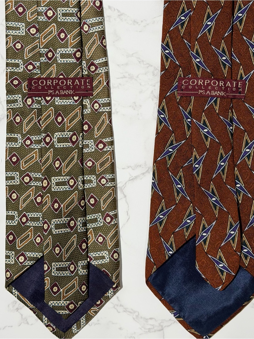 Vintage style Jos. A. Bank Olive Green and Rust Brown Geometric Silk Ties retro